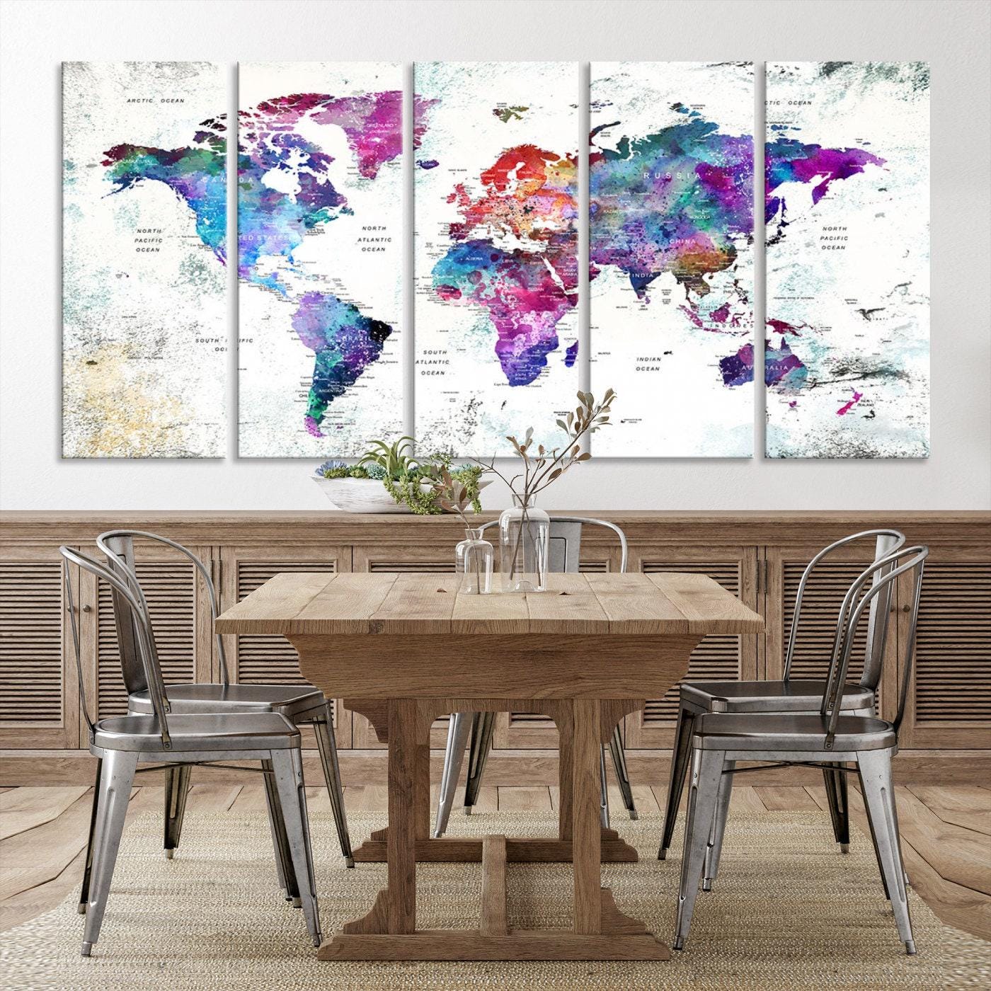 Colorful Vibrant World Map Print, Multi Panel World Map, Framed Ready ...