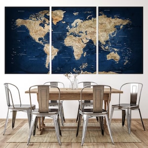 Impression sur toile, carte du monde vintage détaillée bleu marine, carte du monde multipanneaux extra large, art mural élégant, carte du monde multi panneaux 3 panneaux, punaise