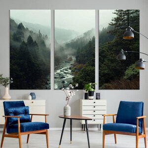 Misty Forest River Canvas Wall Art - 3 Piece Nature Landscape Wall Art ...