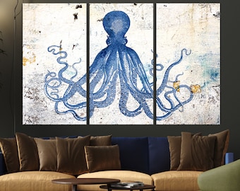 Abstract Octopus Wall Art Canvas Print, Blue Octopus Triptych Kraken Large Wall Art, Lord Bodner Octopus, Nautical Print, Coastal Chic Decor