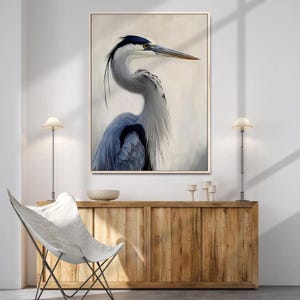 Grande airone azzurro tela da parete, stampa di uccelli per la casa, arte murale costiera, dipinto di airone azzurro, arte di aironi, fotografia di uccelli, regalo per gli amanti degli uccelli