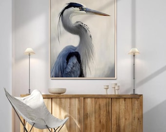 Great Blue Heron Canvas Art, Coastal Bird Print, Neutral Painting