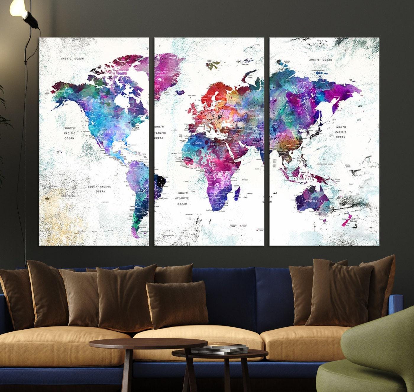 Colorful Vibrant World Map Print, Multi Panel World Map, Framed Ready ...
