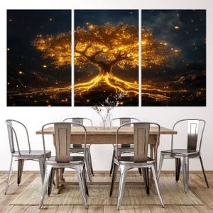 A large 3-panel canvas wall art depicting a luminous tree of life with glowing golden branches and roots against a dark, starry background. Mystical decor for living spaces.