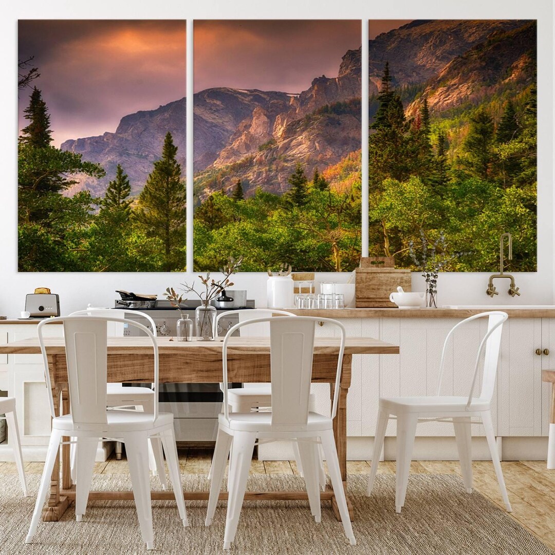 Majestic Mountain Sunrise Triptych Canvas Print, Forest Tree Wall Art ...