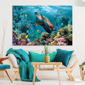 Sea Turtle Canvas Wall Art Design | Poster Print Decor for Home & Office Decoration | Framed Ready to Hang Ocean Wildlife Print Wall Art Set