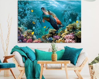 Sea Turtle Canvas Wall Art Design | Poster Print Decor for Home & Office Decoration | Framed Ready to Hang Ocean Wildlife Print Wall Art Set