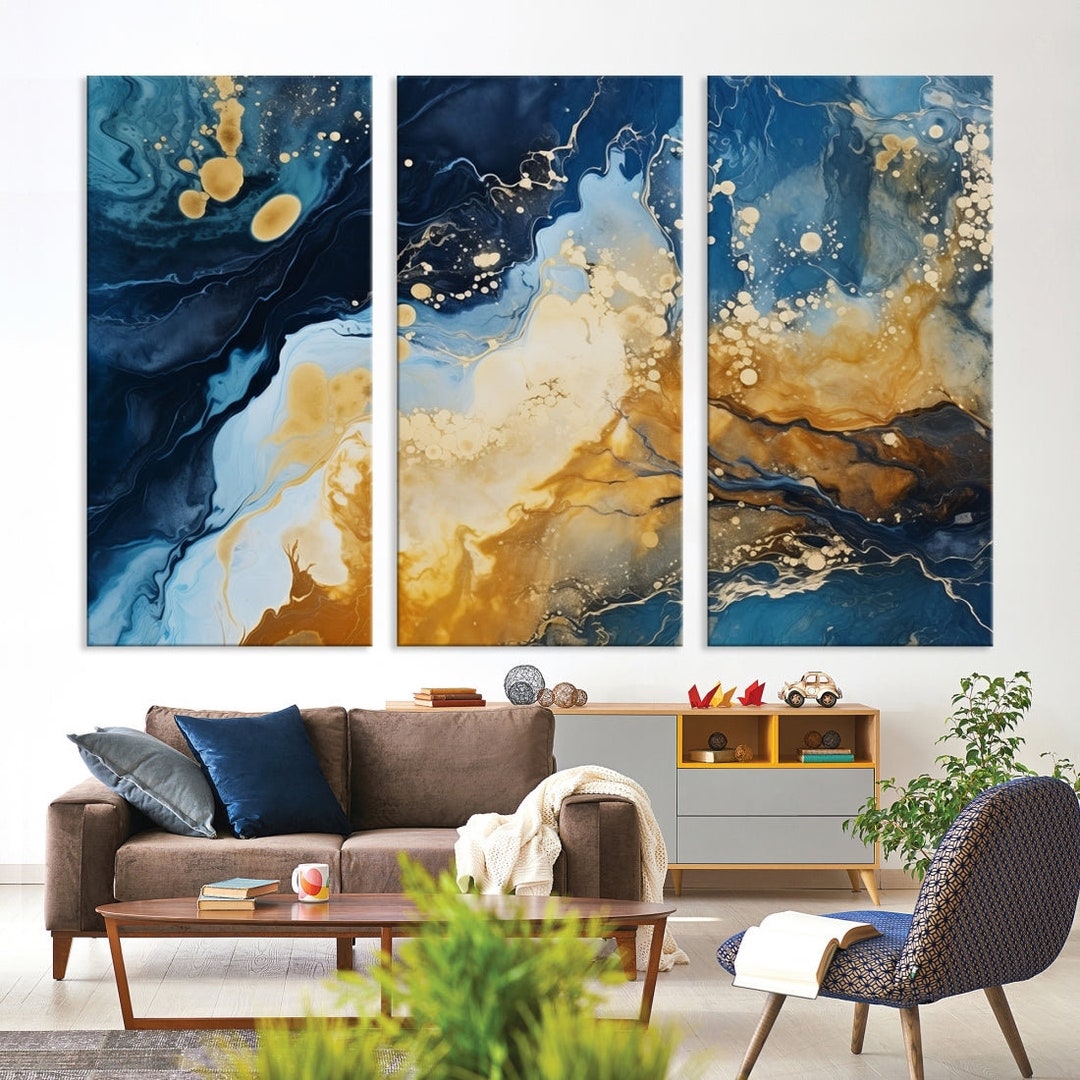 Blue and Gold Abstract Canvas Print - 3 Panel Modern Wall Art - Etsy