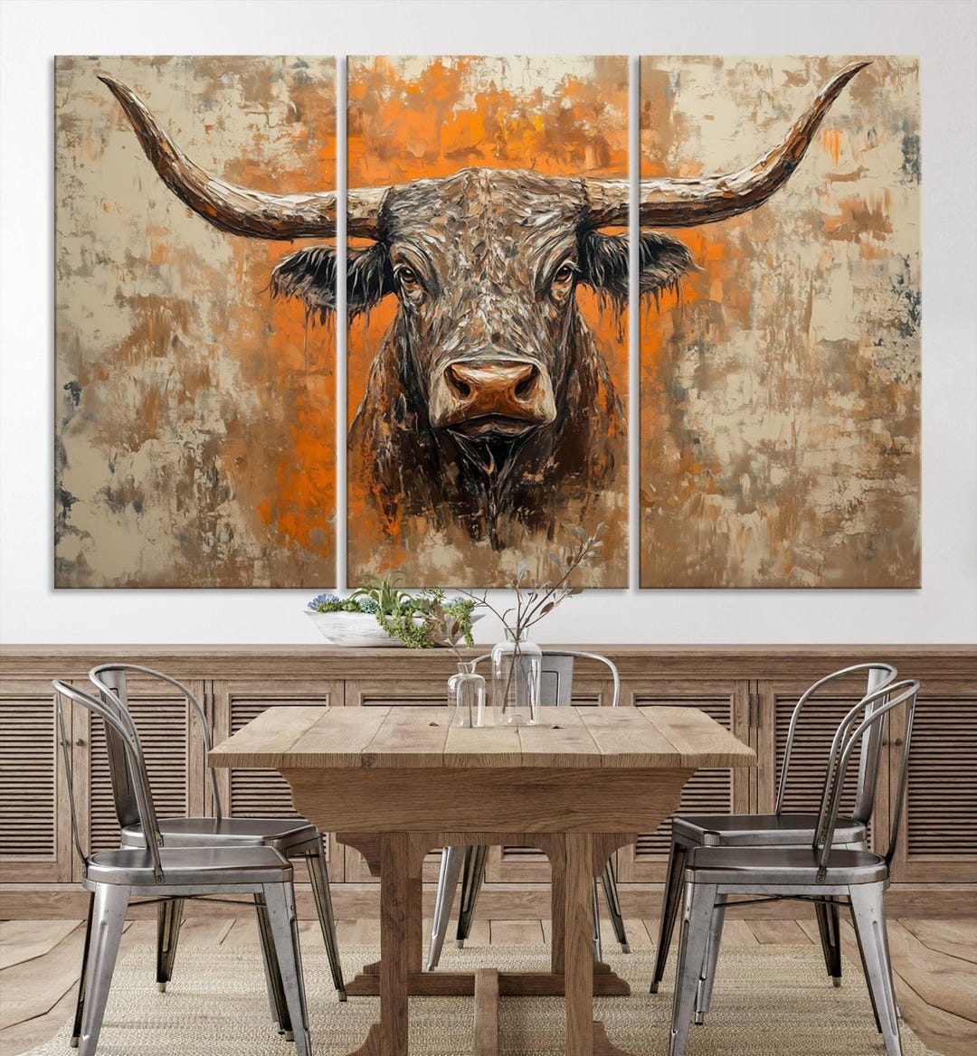 Abstract Cow Longhorn Bull Wall Art Canvas Print - Rustic Texas Western ...