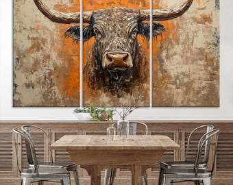 Abstract Cow Longhorn Bull Wall Art Canvas Print - Rustic Texas Western Cattle Artwork - Western Style Framed Canvas Wall Art Ready to Hang