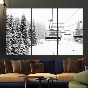Impressão em tela de teleférico de esqui, abetos cobertos de neve, arte de parede de inverno, decoração de esqui, presente para esquiador, decoração de resort de esqui, arte de parede em tela para decoração de casa de fazenda