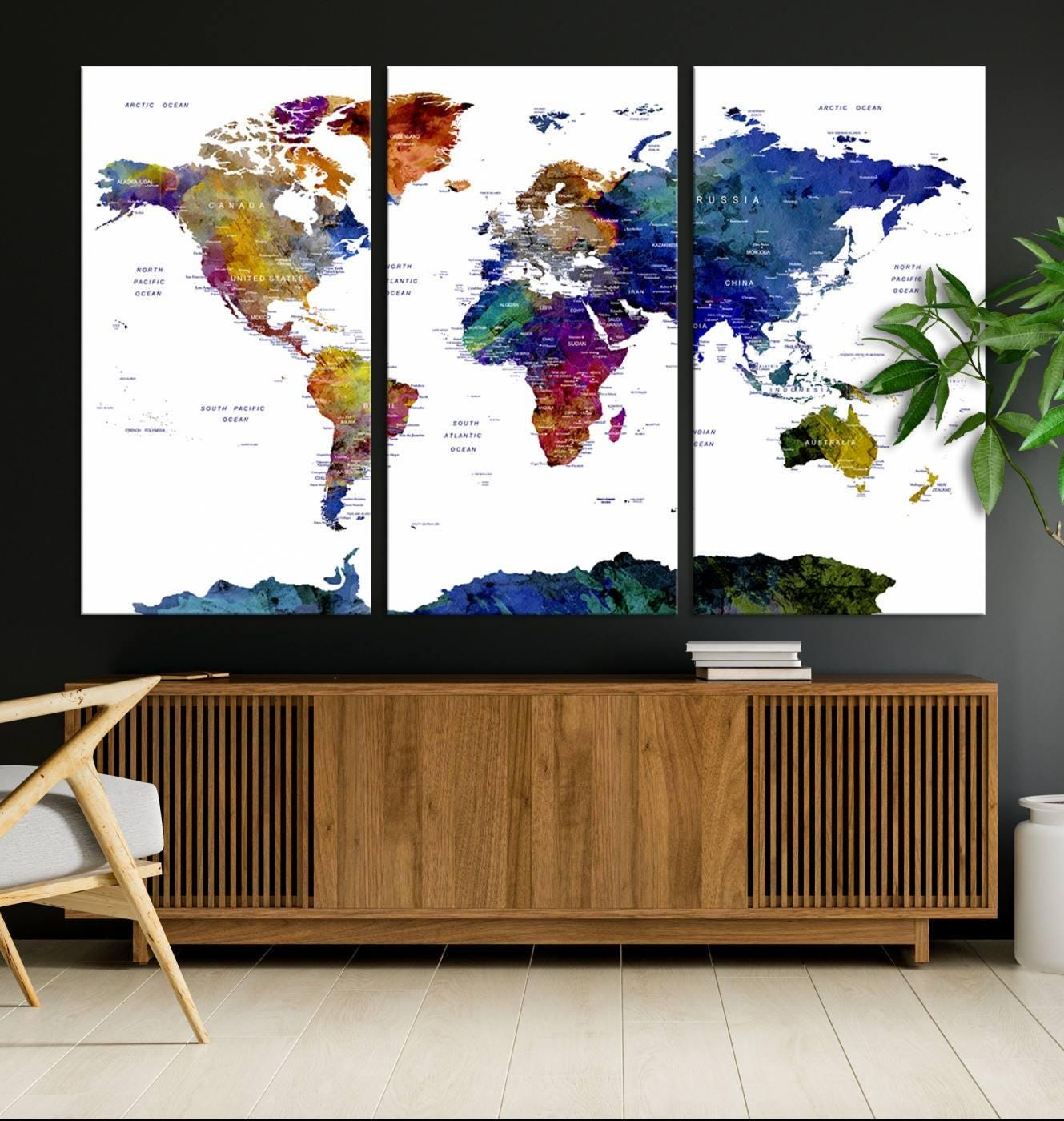 Colorful World Map Canvas Print, Framed Wall Art for Living Room, Ready ...