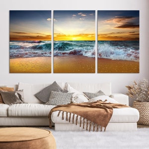 Sunset Wall Art, Beach Wall Decor, Ocean Waves Art, Beach House Decor, Summer Artwork, Framed Beach Art, Living Room Decor, Coastal Wall Art