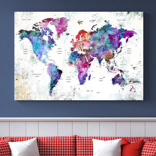 Colorful World Map Wall Art Print - Rainbow Color World Map on Canvas Gallery Wrap Wall Art Set Gift Traveler Vintage World Map for Home Art