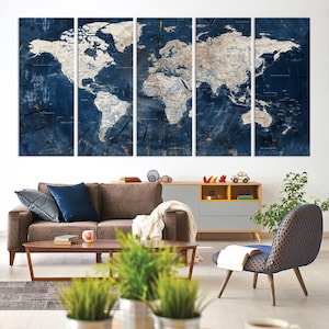 Large 3-panel Blue World Map Canvas Print with detailed continents, framed wall art perfect for living rooms, offices, and travel enthusiasts. Ready to hang for easy setup.