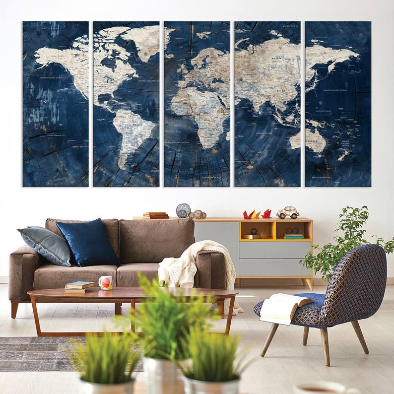Large 3-panel Blue World Map Canvas Print with detailed continents, framed wall art perfect for living rooms, offices, and travel enthusiasts. Ready to hang for easy setup.