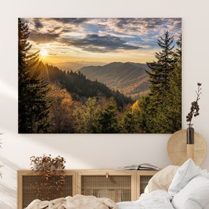 Sunrise in the Smoky Mountains Canvas Print | Landscape Wall Art | Sunset Mountain Forest Large Wall Art Canvas Print for Living Room Decor