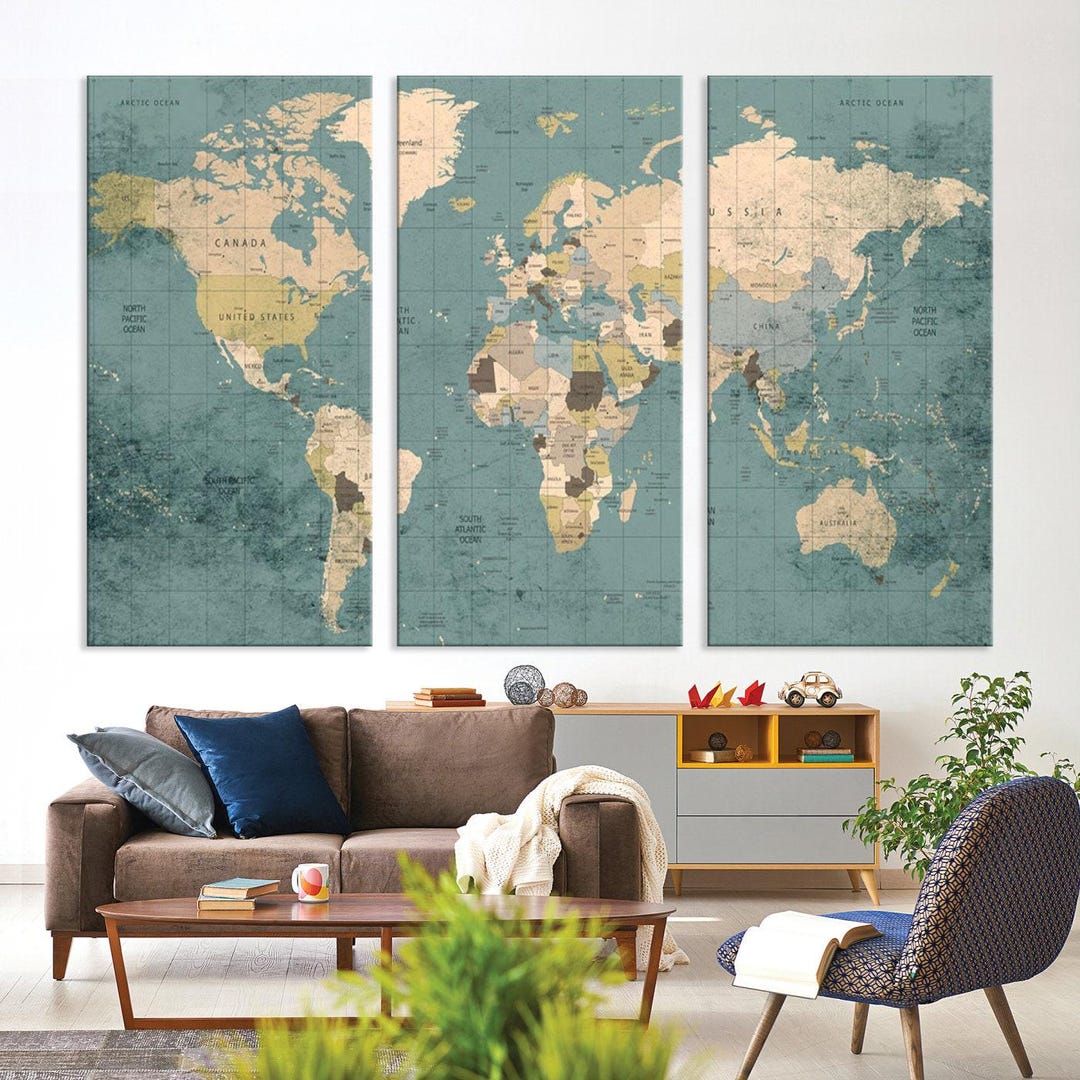 Vintage Teal World Map 3-panel Framed Canvas Wall Art | Ready-to-hang ...