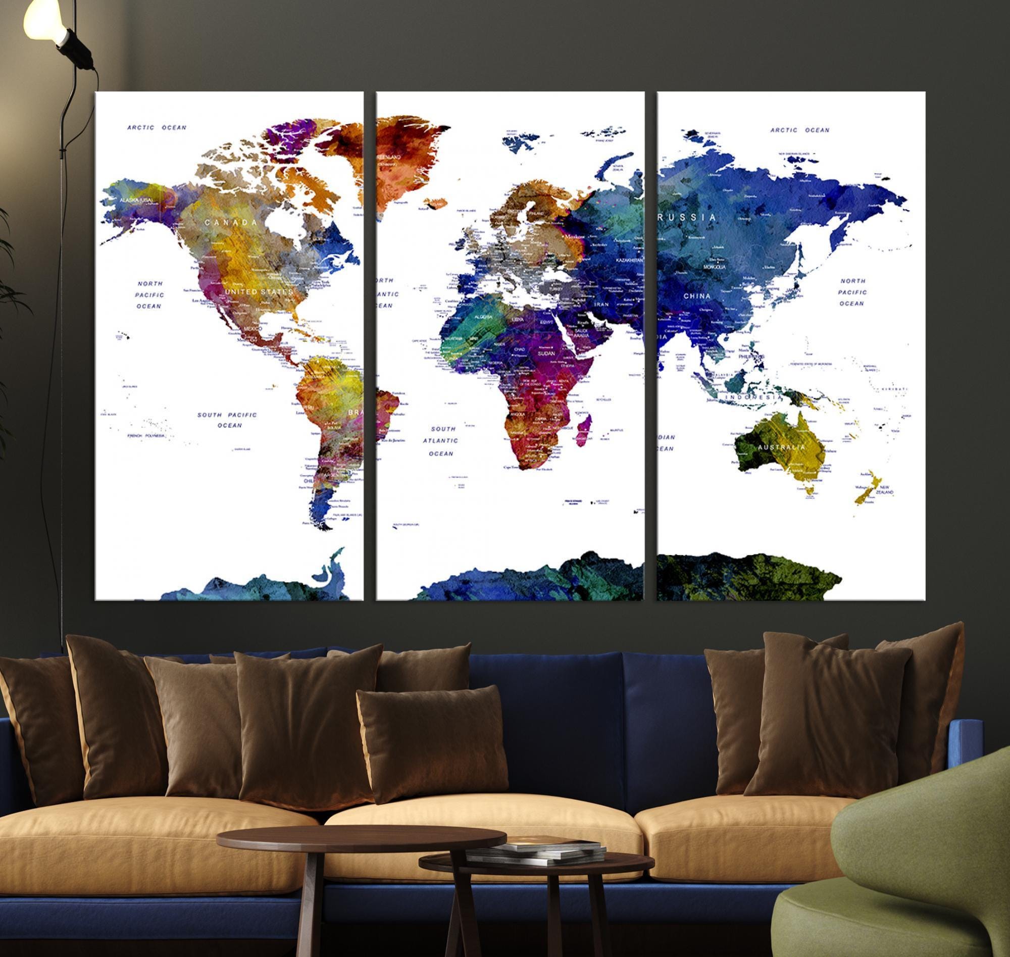 Colorful World Map Canvas Print, Framed Wall Art for Living Room, Ready ...