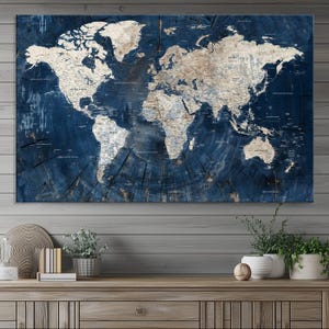 Large 3-panel Blue World Map Canvas Print with detailed continents, framed wall art perfect for living rooms, offices, and travel enthusiasts. Ready to hang for easy setup.