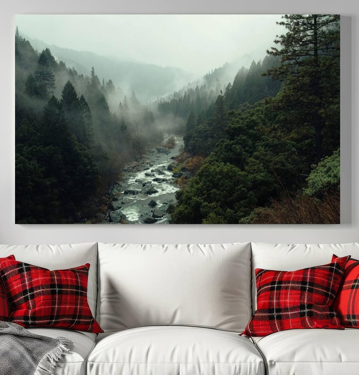 Misty Forest River Canvas Wall Art - 3 Piece Nature Landscape Wall Art ...