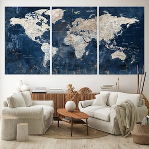 Rustieke blauwe wereldkaart canvasafdruk, wereldkaart in houtstijl, ingelijste canvas muurkunst, woninginrichting, reizen muur decor, klaar om op te hangen