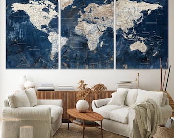 Rustic Blue World Map Canvas Print, Wood Style World Map, Framed Canvas Wall Art, Home Improvement, Travel Wall Decor, Ready to Hang