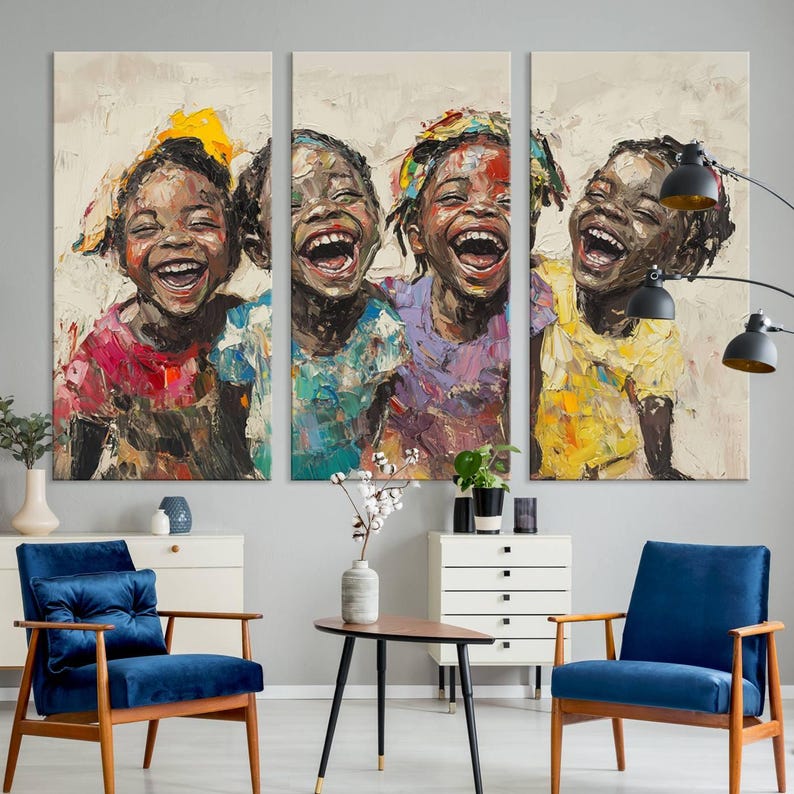 Shai Yossef style canvas wall art featuring joyful African kids in an impasto painting with bold brushstrokes, framed and ready to hang for playroom, kids' room, or nursery decor.