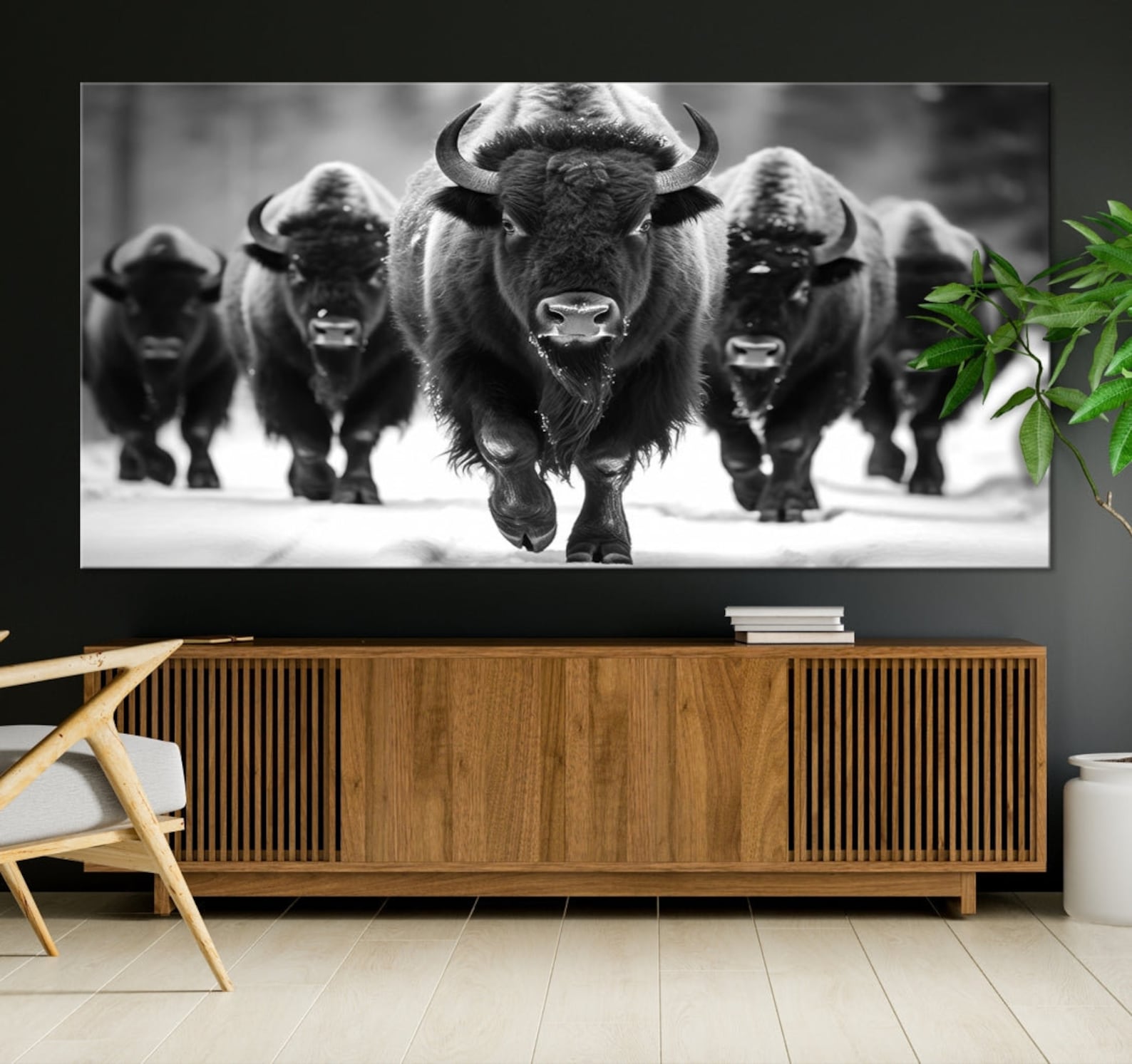 American Bison Herd Black and White Wall Art - Rustic Wildlife Canvas ...