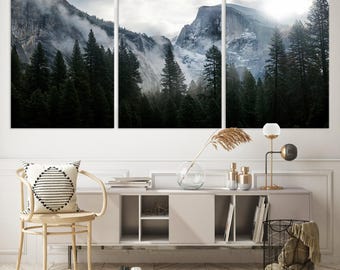 Yosemite National Park Wall Art Print, Foggy Forest Half Dome Mountain Wall Art, Framed Wall Art Canvas Print of Yosemite Half Dom Decor