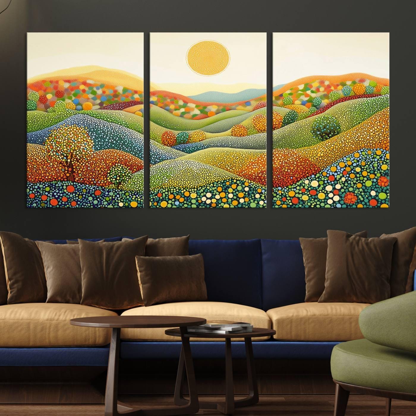 草間彌生 点描ドットアート風景キャンバス、草間抽象点描自然と活気に