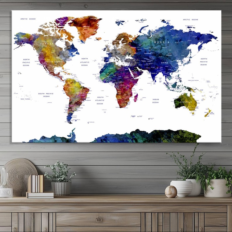 Colorful World Map Canvas Print, Framed Wall Art for Living Room, Ready ...