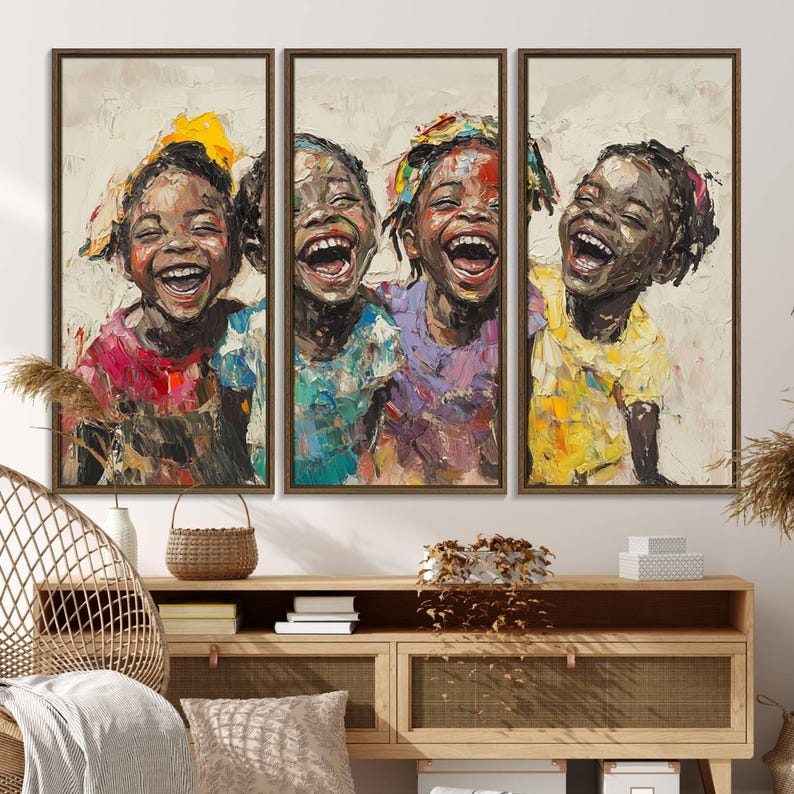 Shai Yossef style canvas wall art featuring joyful African kids in an impasto painting with bold brushstrokes, framed and ready to hang for playroom, kids' room, or nursery decor.