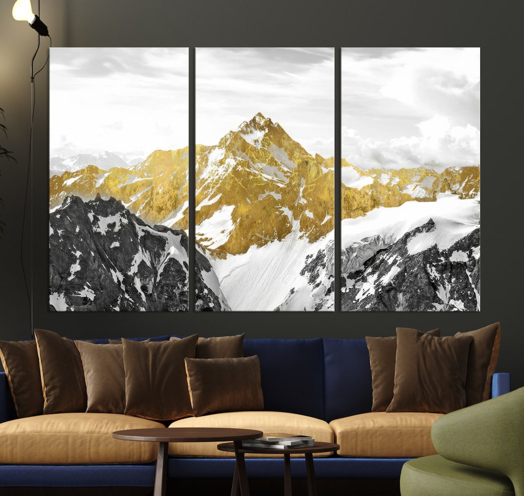 Gold Mountains Wall Art Canvas Print, Black Mountain Abstract Artwork ...