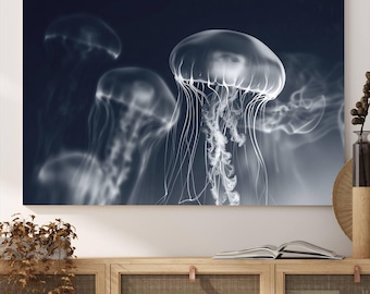 Jellyfish Canvas Wall Art Print,  Underwater Canvas Wall Art, Enchanted Jellyfish Theme Wall Decor Print, Framed Jellyfish Art Canvas Print