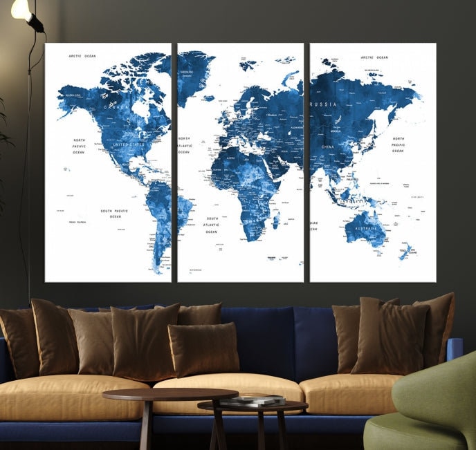 Large Blue Watercolor Push Pin World Map Wall Art Canvas Print for Home ...