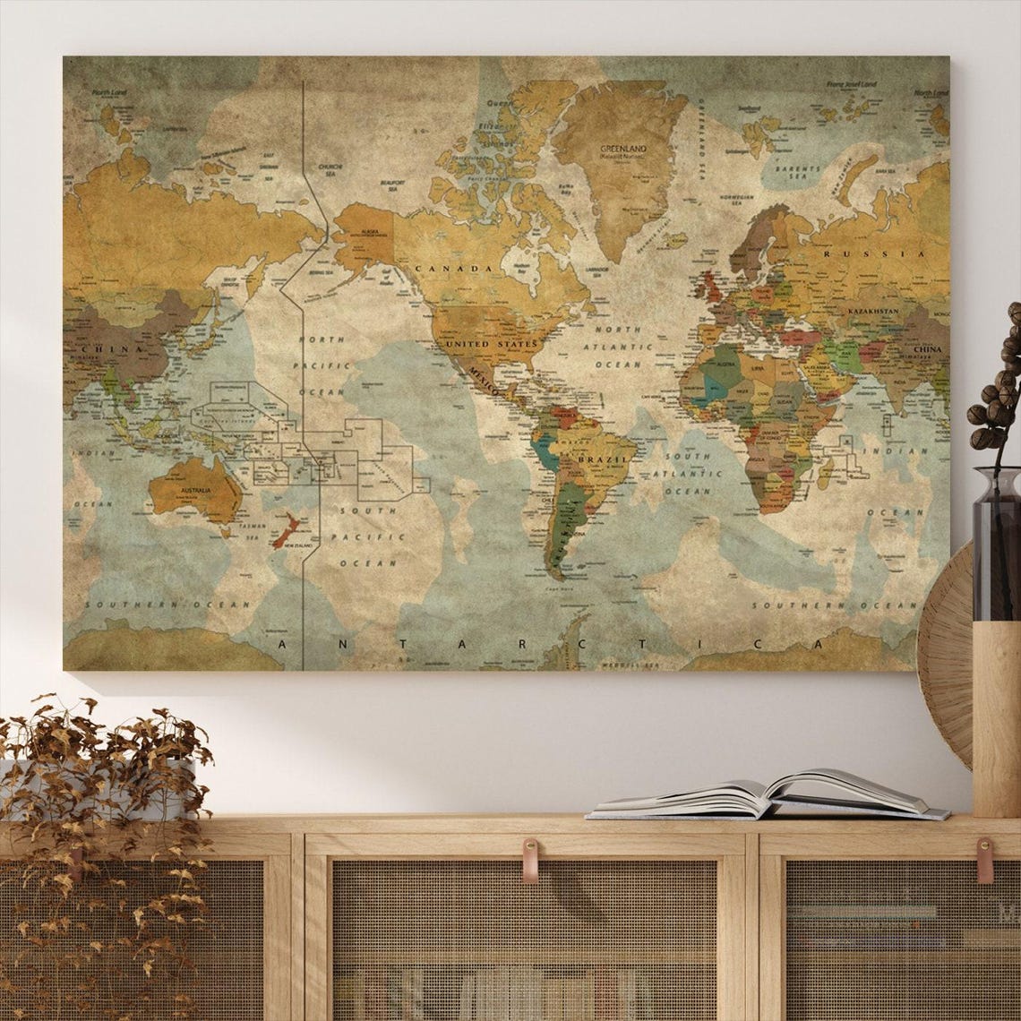Old World Map Wall Art, Vintage World Map, Framed Canvas Print, Large ...