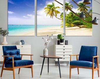 Tropical Beach Palm Wall Art, Beach Canvas Print, Beach House Decor, Coastal Wall Art, Ocean Wall Art, Sea Landscape Panels, Beach Art