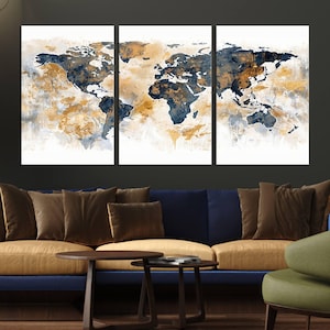 Abstract Navy and Beige World Map Canvas – Modern Watercolor Triptych – Framed and Ready to Hang Wall Art for Office or Living Room