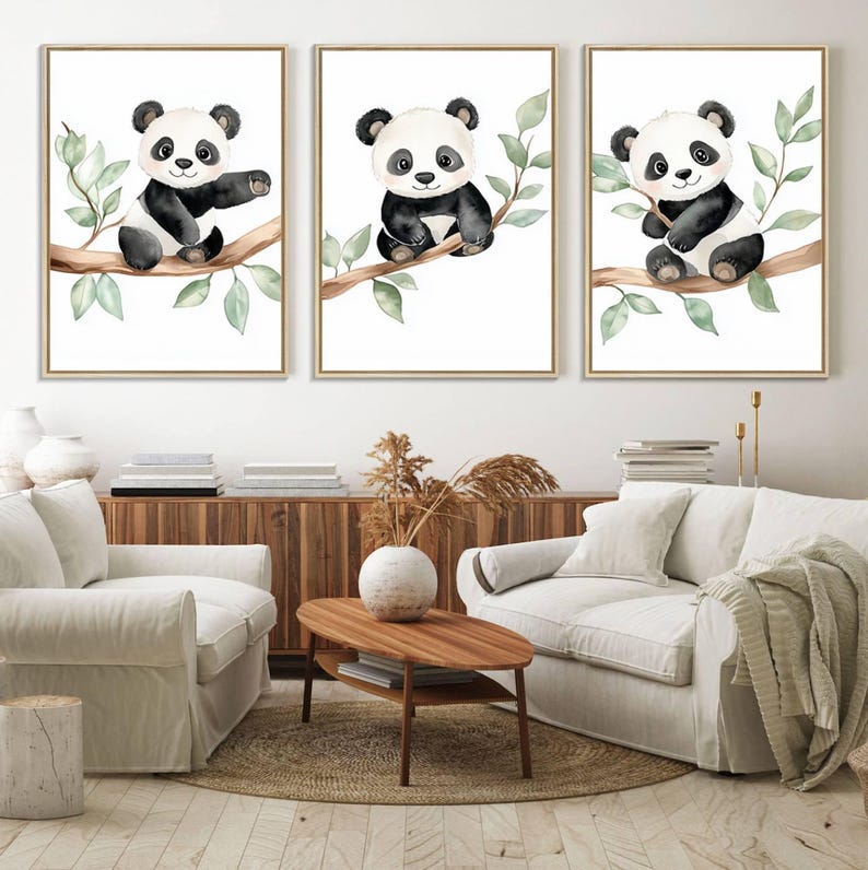 Panda Nursery Wall Art - Panda Bear Prints on Branch, Framed Play Room ...