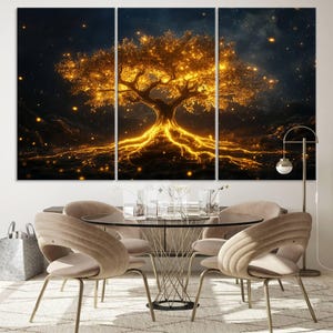 A large 3-panel canvas wall art depicting a luminous tree of life with glowing golden branches and roots against a dark, starry background. Mystical decor for living spaces.