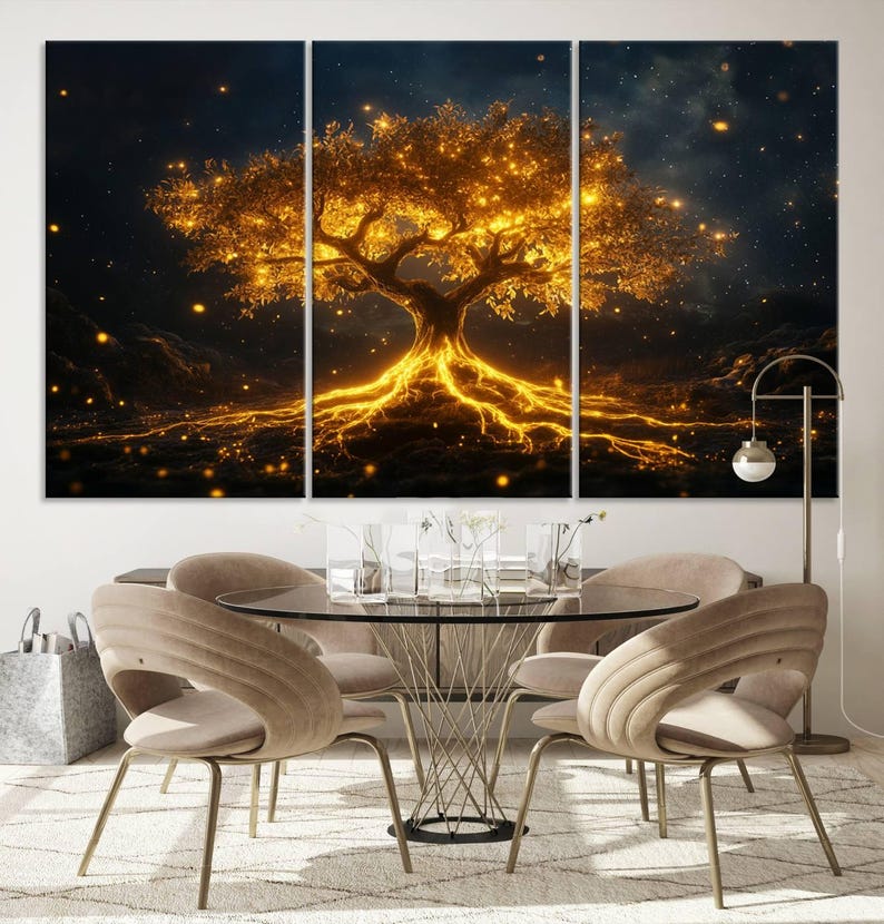 A large 3-panel canvas wall art depicting a luminous tree of life with glowing golden branches and roots against a dark, starry background. Mystical decor for living spaces.