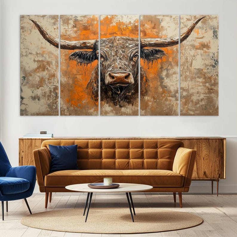 Abstract Cow Longhorn Bull Wall Art Canvas Print - Rustic Texas Western ...