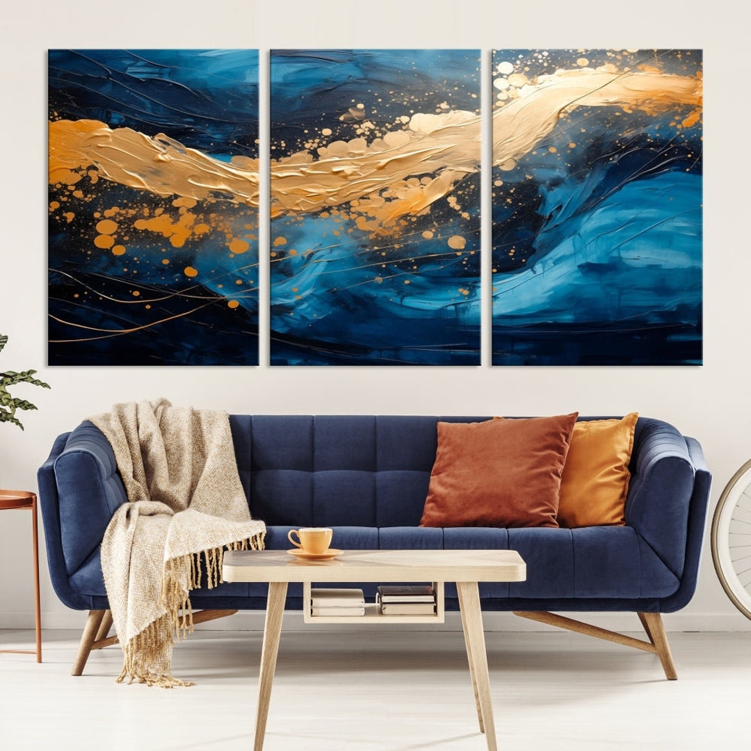 Navy Blue Gold Abstract Wall Art, Modern Home Decor, Multi Panel Wall ...