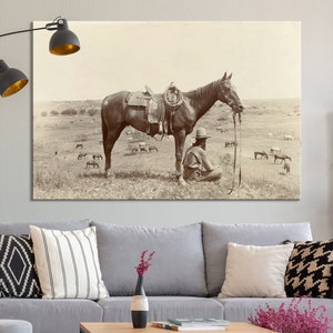 Cowboy with His Horse Canvas Print Texas Circa 1910 for Western Wall Decor Farmhouse Decor Ready to Hang Landscape Wall Art Barn Wall Art