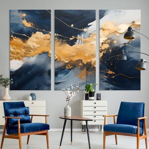 Navy Blue and Gold Abstract Multi Panel Wall Art Canvas Print ...