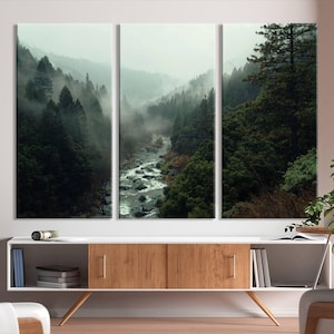 Misty Forest River Canvas Wall Art - 3 Piece Nature Landscape Wall Art ...