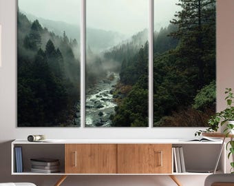 Misty Forest River Canvas Wall Art - 3 Piece Nature Landscape Wall Art Canvas Print, Multi Panel Mountain Misty Foggy Forest Landscape Print
