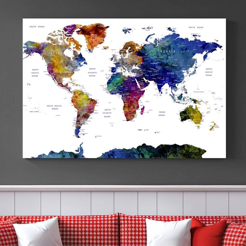 Colorful World Map Canvas Print, Framed Wall Art for Living Room, Ready ...