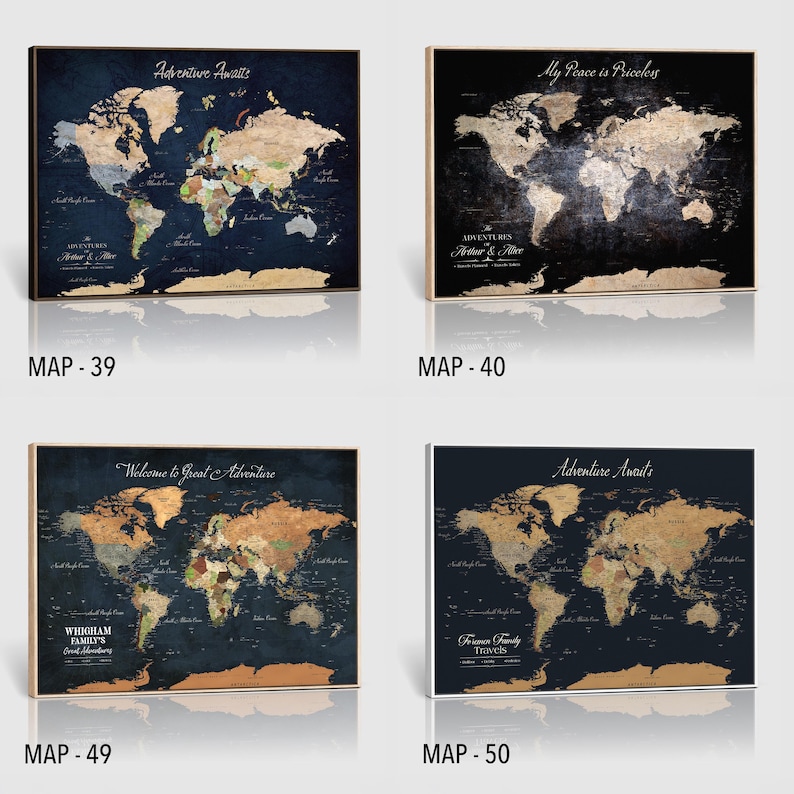 Personalized World Map Canvas Wall Art, Custom Family Travel Map, Dark ...